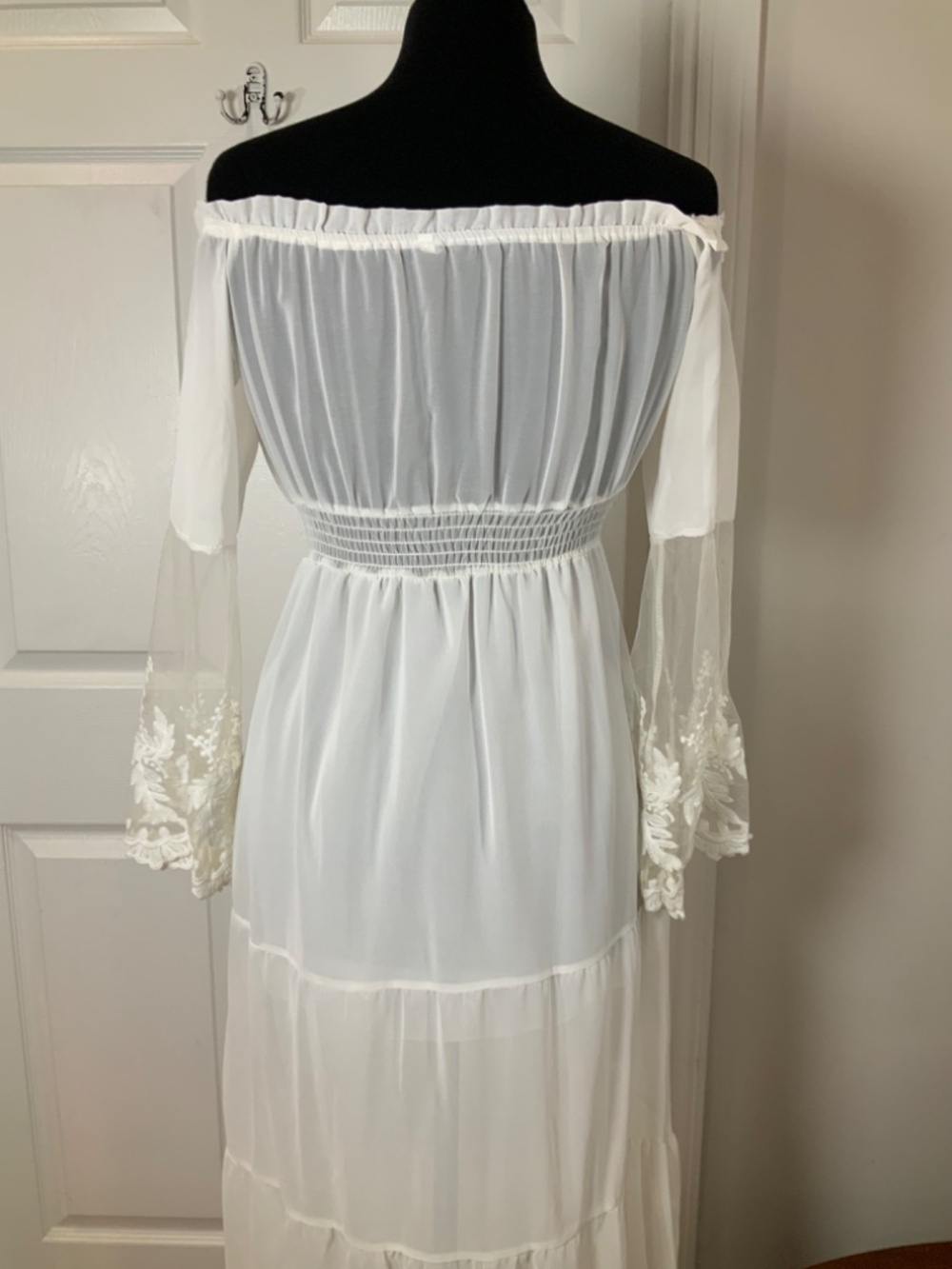 White Boho Lace Sleeve Off Shoulder Maxi Dress Romantic Cottagecore Size Large - Picture 7 of 10